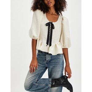 Free People Cream Puff Sleeve Peplum Blouse with Black Tie